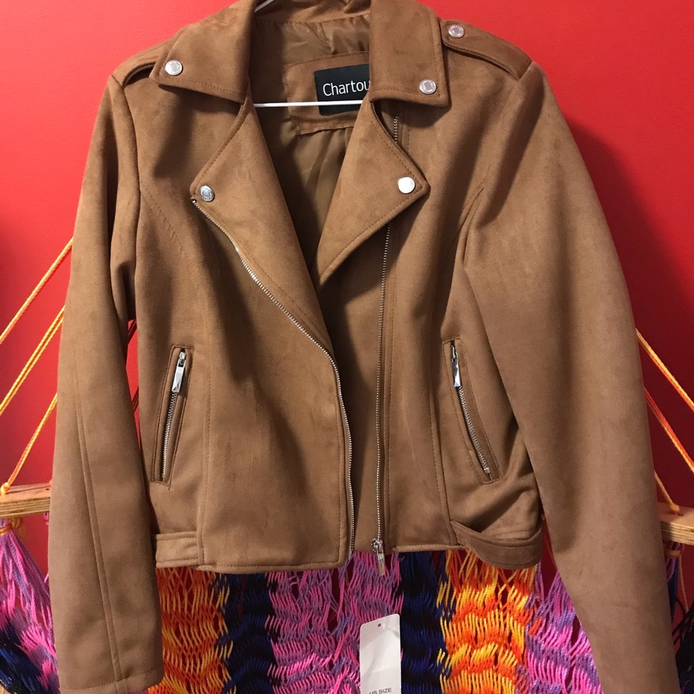 Never worn Brown, cognac faux suede moto jacket
